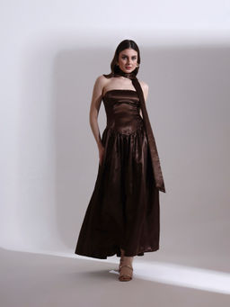 SALVIA SKY - Women Brown Satin Solid Flared Dress with Dupatta