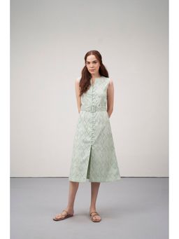 SAVA - Women Green Cotton Embroidered A-Line Dress with Belt