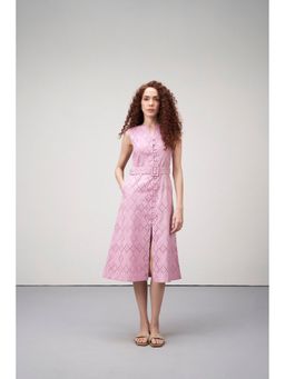 SAVA - Women Pink Cotton Embroidered A-Line Dress with Belt