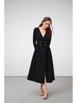 SAVA - Women Black Cotton Solid Flared Dress