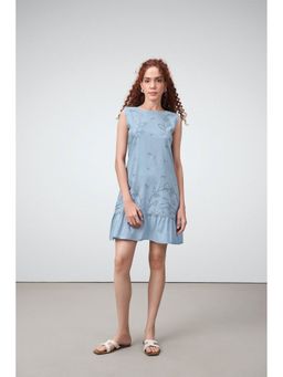 SAVA - Women Blue Cotton Embroidered A-Line Dress