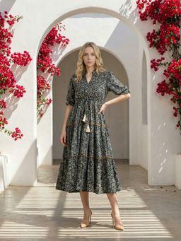 Femvy - Women Blue Crepe Floral Flared Dress