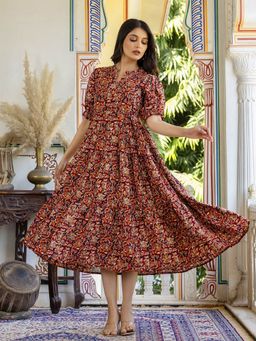 Femvy - Women Brown Crepe Floral Flared Dress