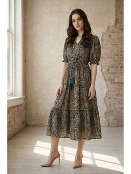 Femvy - Women Yellow Crepe Paisley Flared Dress