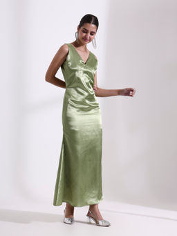 SALVIA SKY - Women Olive Satin Solid A-Line Dress