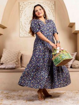 Femvy - Women Blue Crepe Floral Flared Dress
