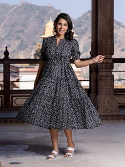 Femvy - Women Black Crepe Floral Flared Dress