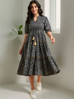 Femvy - Women Blue Crepe Floral Flared Dress