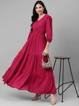 Femvy - Women Peach Crepe Solid Flared Dress