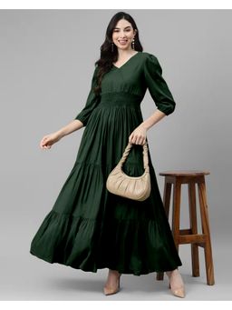 Femvy - Women Green Crepe Solid Flared Dress