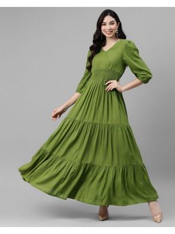 Femvy - Women Green Crepe Solid Flared Dress
