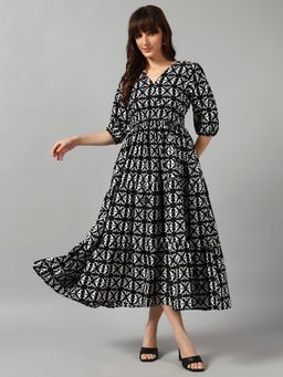 Femvy - Women Black Crepe Geometric Flared Dress