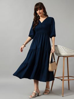 Femvy - Women Blue Crepe Solid Flared Dress
