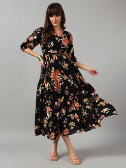 Femvy - Women Gold Crepe Floral Flared Dress