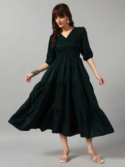 Femvy - Women Green Crepe Solid Flared Dress