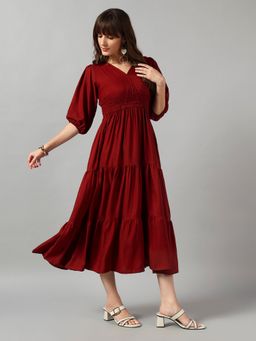 Femvy - Women Maroon Crepe Solid Flared Dress