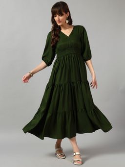 Femvy - Women Olive Crepe Solid Flared Dress