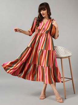 Femvy - Women Multi-Color Crepe Stripes Flared Dress