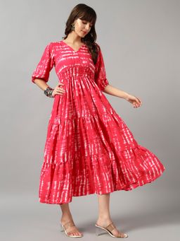 Femvy - Women Pink Crepe Tie & Dye Flared Dress