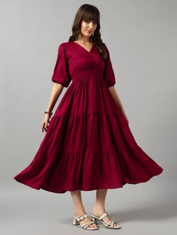 Femvy - Women Magenta Crepe Solid Flared Dress