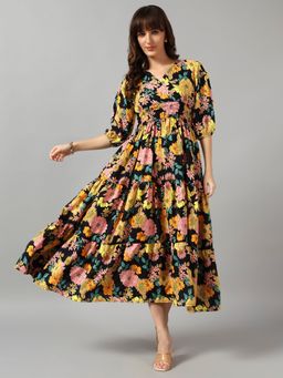 Femvy - Women Yellow Crepe Floral Flared Dress