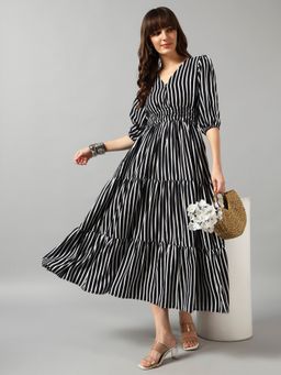 Femvy - Women White Crepe Stripes Flared Dress