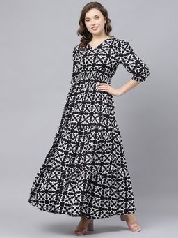 Femvy - Women Black Crepe Geometric Flared Dress