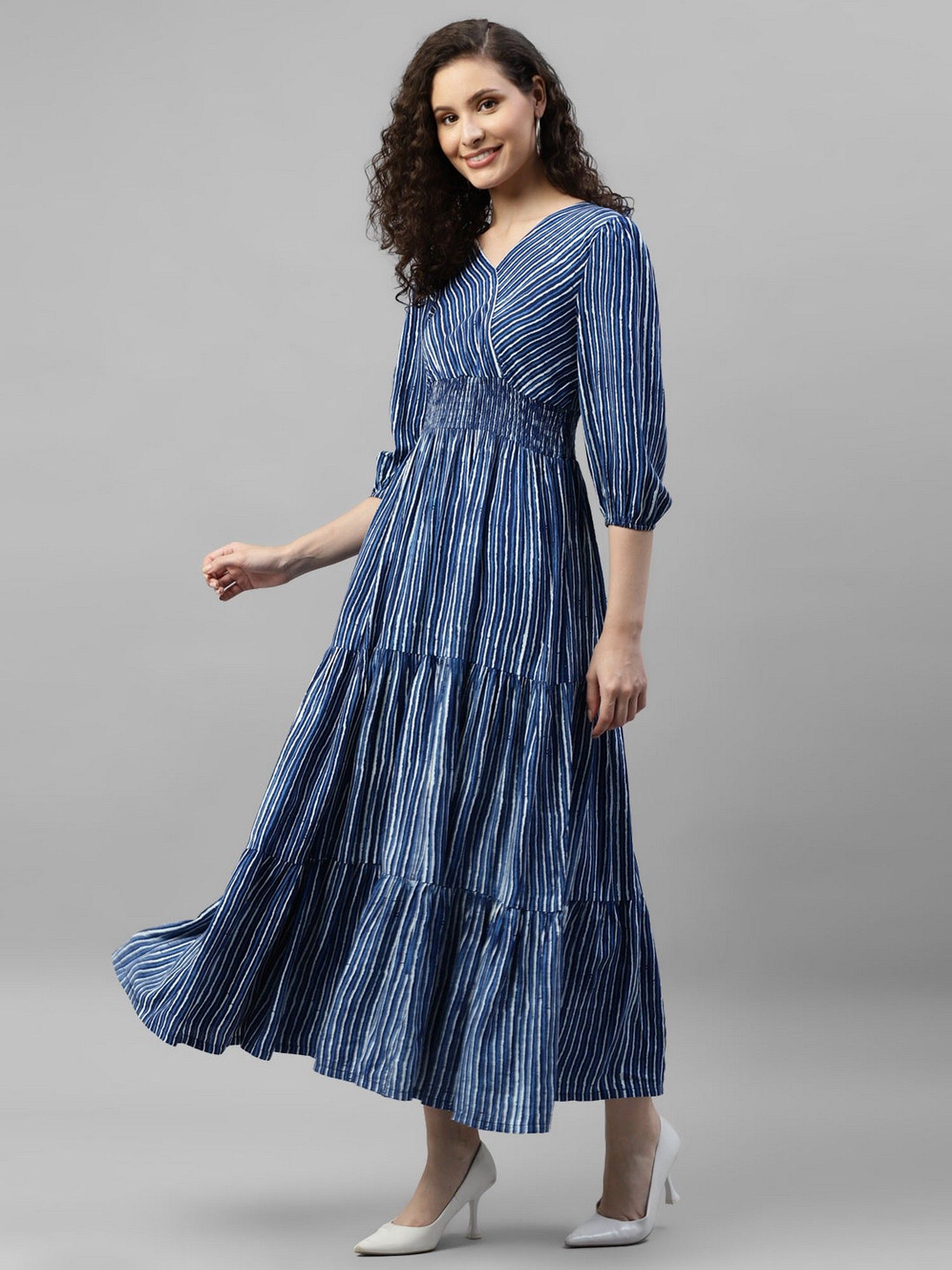 femvy Women Navy Blue Crepe Stripes Flared Dress-picture-22