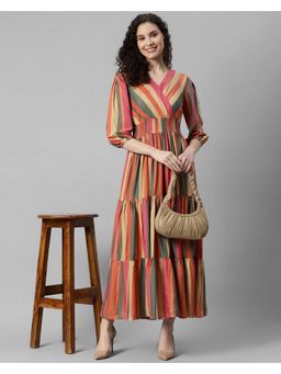Femvy - Women Beige Crepe Stripes Flared Dress