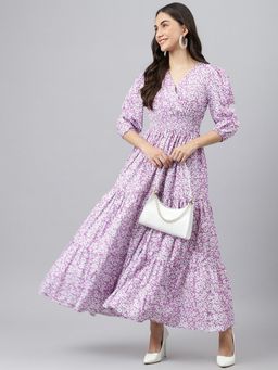 Femvy - Women Pink Crepe Floral Flared Dress