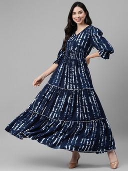Femvy - Women Blue Crepe Tie & Dye Flared Dress