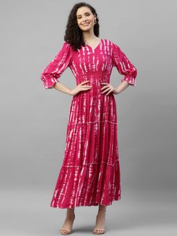 Femvy - Women Peach Crepe Tie & Dye Flared Dress