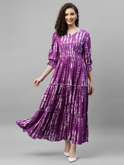 Femvy - Women Lavender Crepe Tie & Dye Flared Dress