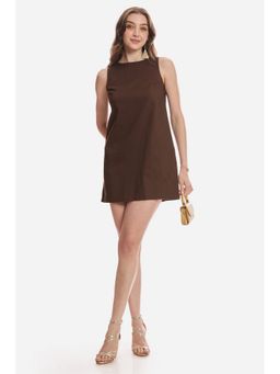 Virgio - Women Brown Cotton Solid A-Line Dress