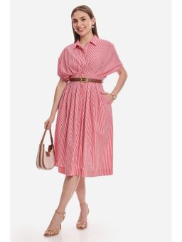 Virgio - Women Red Cotton Stripes Shirt Dress