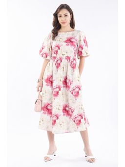 Virgio - Women Off White Cotton Floral Flared Dress