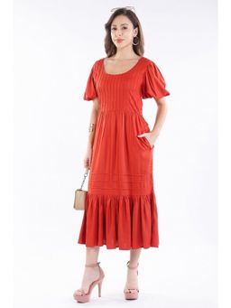 Virgio - Women Orange Viscose Solid Flared Dress