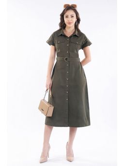 Virgio - Women Olive Viscose Solid Shirt Dress