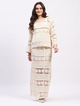 Global Republic - Off White Cotton Woven Round Neck Top and Skirt