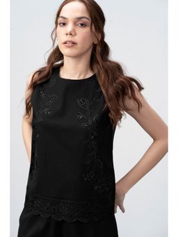 SAVA - Black Cut Work Embroidery Scalloped Hem Top
