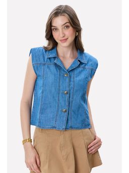 Virgio - Solid Cotton Padded Denim Blue Women Shirt