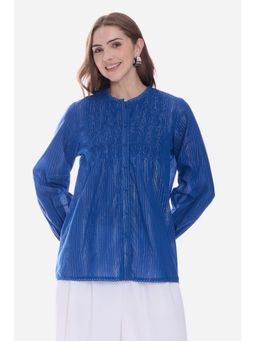 Virgio - Self Design Cotton Smocked Lace Women Blue Shirt