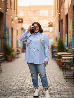 Zolo Label - Women Regular Fit Striped Embroidered Shirt