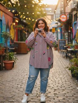 Zolo Label - Women Striped Embroidered Patch Casual Shirt