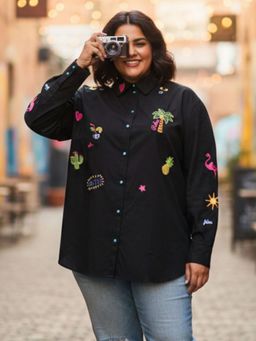 Zolo Label - Women Black Embroidered Casual Cotton Shirt