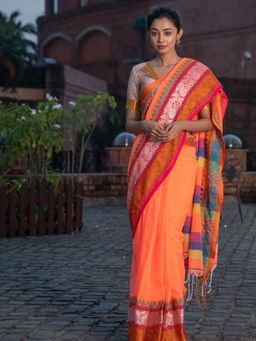 Beatitude - Orange Shade Cotton Saree With Unstitched Blouse