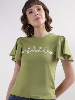 ELLE - Women Green Floral Ruffled Sleeves T-Shirt