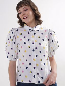 ELLE - Women White Printed Puff Sleeves Shirt