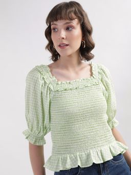 ELLE - Women Green Checks Puff Sleeves Top