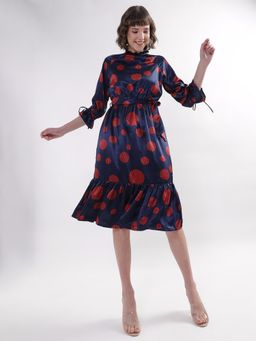 ELLE - Women Navy Blue Polka Dots Three Fourth Sleeves Knee Length Dress with Belt (Set of 2)